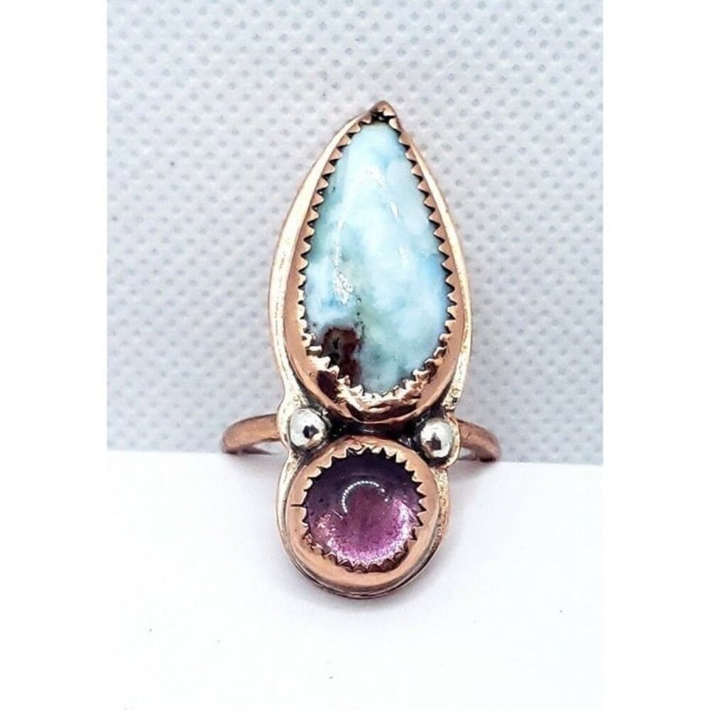Amethyst and Larmiar Crystal Statement Ring Handmade Copper Jewelry Boho - Picture 10 of 12